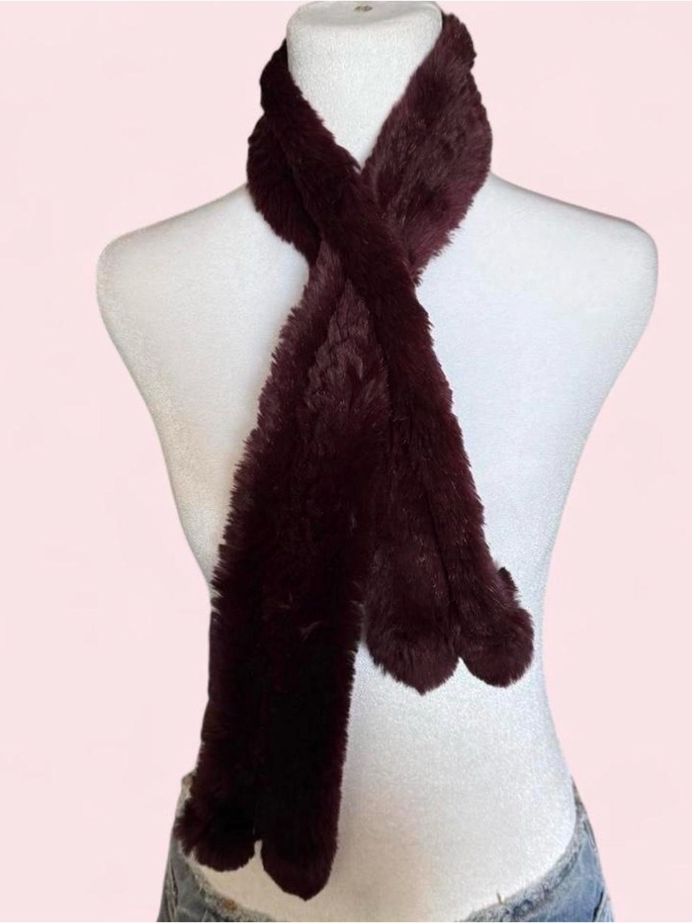 Vintage 2000’s Real Rabbit Fur Keyhole Scarf by Preston & York, Deep Burgundy